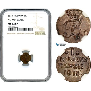 AJ024, Norway, Frederik VI, 1 Skilling 1812, Kongsberg Mint, No Mintmark, NGC MS62BN