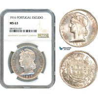 AJ025, Portugal, 1 Escudo 1916, Lisbon Mint, Silver, NGC MS63