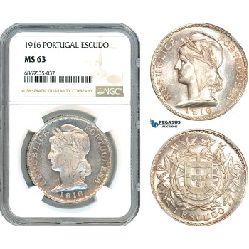 AJ025, Portugal, 1 Escudo 1916, Lisbon Mint, Silver, NGC MS63