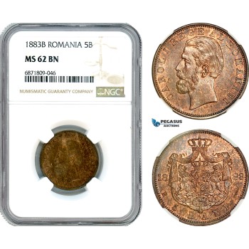 AJ028, Romania, Carol I, 5 Bani 1883 B, Bucharest Mint, NGC MS62BN