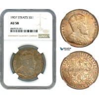 AJ033, Straits Settlements, Edward VII, 1 Dollar 1907, London Mint, Silver, NGC AU 58