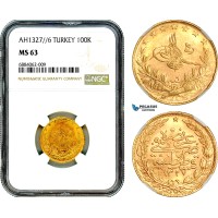 AJ036, Turkey, Ottoman Empire, Mehmed V, 100 Kurush AH1327//6, Kostantiniye Mint, Gold, NGC MS63