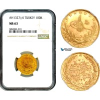AJ037, Turkey, Ottoman Empire, Mehmed V, 100 Kurush AH1327//6, Kostantiniye Mint, Gold, NGC MS63