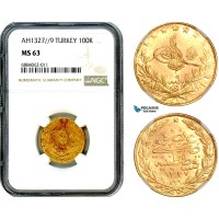 AJ038, Turkey, Ottoman Empire, Mehmed V, 100 Kurush AH1327//9, Kostantiniye Mint, Gold, NGC MS63