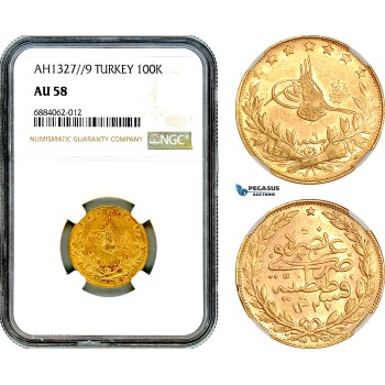 AJ039, Turkey, Ottoman Empire, Mehmed V, 100 Kurush AH1327//9, Kostantiniye Mint, Gold, NGC AU58