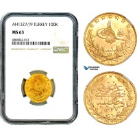 AJ040, Turkey, Ottoman Empire, Mehmed V, 100 Kurush AH1327//9, Kostantiniye Mint, Gold, NGC MS63