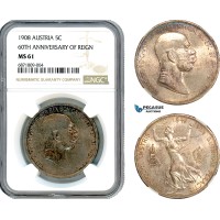 AJ044, Austria, Franz Joseph, "60TH ANNIVERSARY OF REIGN" 5 Corona 1908, Vienna Mint, Silver, NGC MS61
