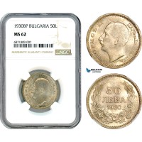 AJ046, Bulgaria, Boris III, 50 Leva 1930 BP, Budapest Mint, Silver, NGC MS62