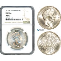 AJ059, Germany, Prussia, William II, 3 Mark 1912 A, Berlin Mint, Silver, NGC MS63