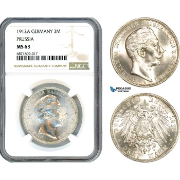 AJ059, Germany, Prussia, William II, 3 Mark 1912 A, Berlin Mint, Silver, NGC MS63