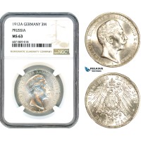 AJ060, Germany, Prussia, William II, 3 Mark 1912 A, Berlin Mint, Silver, NGC MS63