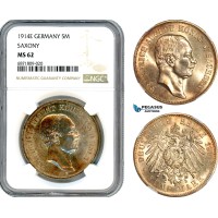 AJ062, Germany, Saxony, Frederick August III, 5 Mark 1914 E, Muldenhutten Mint, Silver, NGC MS62