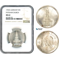 AJ064, Germany, Third Reich, 5 Reichsmark 1934 A, Berlin Mint, Potsdam Church, Silver, NGC MS62
