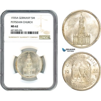 AJ068, Germany, Third Reich, 5 Reichsmark 1935 A, Berlin Mint, Potsdam Church, Silver, NGC MS62