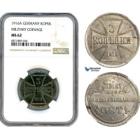 AJ075, Germany (Military coinage) East Prussia, 3 Kopeks 1916 A, Berlin Mint, NGC MS62