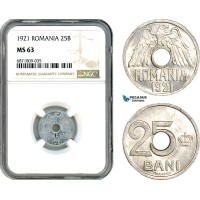 AJ076, Romania, Ferdinand, 25 Bani 1921, Huguenin Mint, NGC MS63