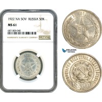 AJ078, Russia, Soviet, 50 Kopeks 1922 НА, Leningrad Mint, Silver, NGC MS61