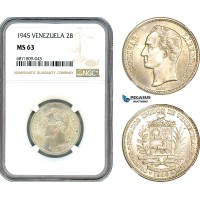 AJ081, Venezuela, 2 Bolivares 1945, Silver, NGC MS63