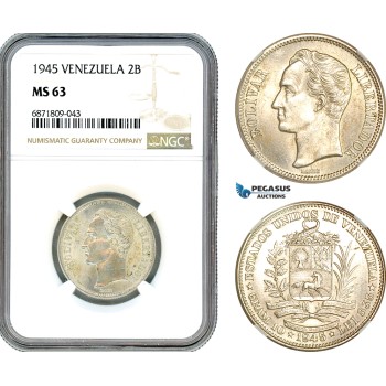 AJ081, Venezuela, 2 Bolivares 1945, Silver, NGC MS63
