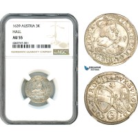 AJ082, Austria, Ferdinand Charles, 3 Kreuzer 1639, Hall Mint, Silver, NGC AU55