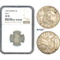 AJ083, Austria, Ferdinand Charles, 3 Kreuzer 1650, Hall Mint, Silver, NGC AU58
