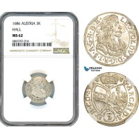 AJ087, Austria, Leopold I, 3 Kreuzer 1686, Hall Mint, Silver, NGC MS62