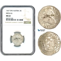 AJ088, Austria, Silesia, Leopold I, 3 Kreuzer 1667,  Breslau Mint (Poland) Silver, NGC MS62