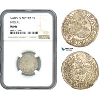 AJ089, Austria, Silesia, Leopold I, 3 Kreuzer 1670 SHS, Breslau Mint (Poland) Silver, NGC MS61