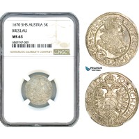 AJ090, Austria, Silesia, Leopold I, 3 Kreuzer 1670 SHS, Breslau Mint (Poland) Silver, NGC MS63