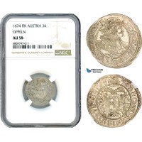 AJ091, Austria, Silesia, Leopold I, 3 Kreuzer 1674 FIK, Oppeln Mint (Poland) Silver, NGC AU58, Rare!
