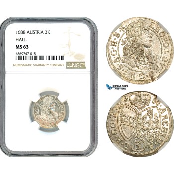 AJ092, Austria, Leopold I, 3 Kreuzer 1688, Hall Mint, Silver, NGC MS63