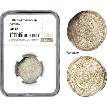 AJ094, Austria, Leopold I, 6 Kreuzer 1688 MM, Vienna Mint, Silver, NGC MS62