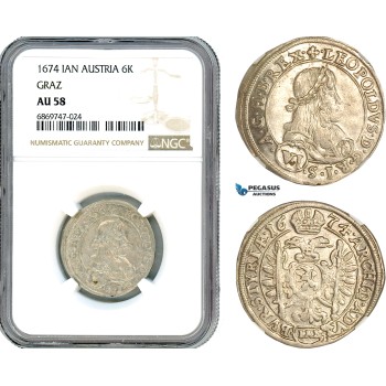 AJ095, Austria, Leopold I, 6 Kreuzer 1688 IAN, Graz Mint, Silver, NGC AU58