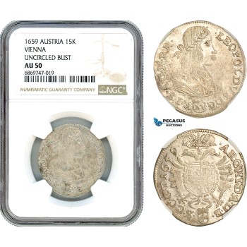 AJ096, Austria, Leopold I, 15 Kreuzer 1659, Vienna Mint, Uncircled Bust, Silver, NGC AU50