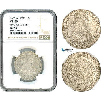 AJ097, Austria, Leopold I, 15 Kreuzer 1659, Vienna Mint, Uncircled Bust, Silver, NGC AU53, Rare variety!