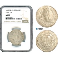 AJ098, Austria, Silesia, Leopold I, 15 Kreuzer 1664 FBL, Glatz Mint (Poland) Silver, NGC AU55, Very Rare!