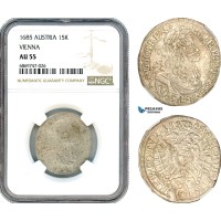 AJ099, Austria, Leopold I, 15 Kreuzer 1685 VB-W, Mainz Mint, Silver, NGC AU55 (Error as Vienna)