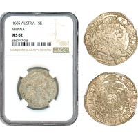 AJ100, Austria, Leopold I, 15 Kreuzer 1685 VB-W, Mainz Mint, Silver, NGC MS62 (Error as Vienna)