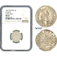 AJ101, Austria, Charles II, 3 Kreuzer 1669, Olmutz Mint, Large Bust, Silver, NGC MS63