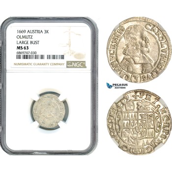 AJ101, Austria, Charles II, 3 Kreuzer 1669, Olmutz Mint, Large Bust, Silver, NGC MS63