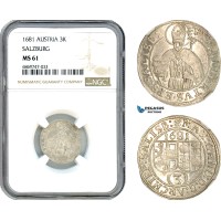 AJ103, Austria, Max Gandolf von Kuenburg, 3 Kreuzer 1681, Salzburg Mint, Silver, NGC MS61