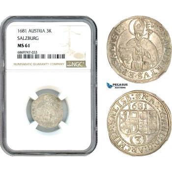 AJ103, Austria, Max Gandolf von Kuenburg, 3 Kreuzer 1681, Salzburg Mint, Silver, NGC MS61