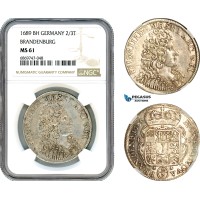 AJ107, Germany, Brandenburg-Prussia, Frederick III, 2/3 Taler 1689 BH, Minden Mint, Silver, NGC MS61, Top Pop! Single finest graded!