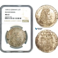 AJ109, Germany, Brandenburg, Frederick III, 2/3 Taler 1690 IE, Magdeburg Mint, Silver, NGC MS63, Top Pop! Single finest graded!