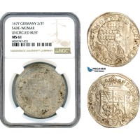 AJ110, Germany, Saxe-Weimar, John Ernest II, 2/3 Taler 1677, Weimar Mint, Uncircled Bust, Silver, NGC MS61, Top Pop! Single finest graded!