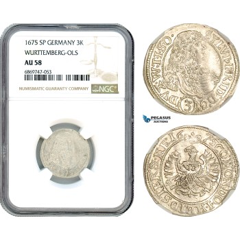 AJ111, Germany, Württemberg-Ols, Silvius II Frederick, 3 Kreuzer 1675 SP, Ols Mint, Silver, NGC AU58