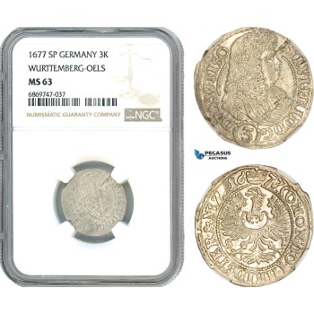 AJ112, Germany, Württemberg-Ols, Silvius II Frederick, 3 Kreuzer 1677 SP, Ols Mint, Silver, NGC MS63