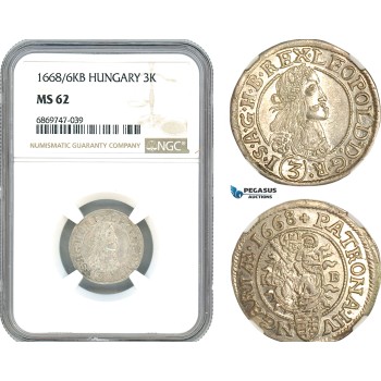 AJ113, Hungary, Leopold I, 3 Krajczar 1668/6 KB, Kremnitz Mint, Silver, NGC MS62, Top Pop, Single finest graded!