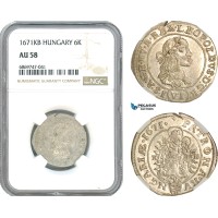 AJ114, Hungary, Leopold I, 6 Krajczar 1671 KB, Kremnitz Mint, Silver, NGC AU58