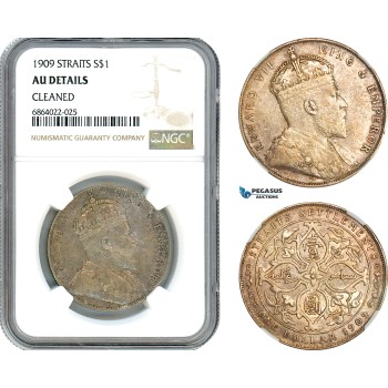AJ140, Straits Settlements, Edward VI, Dollar 1909, Bombay Mint, Silver, NGC AU Det.
